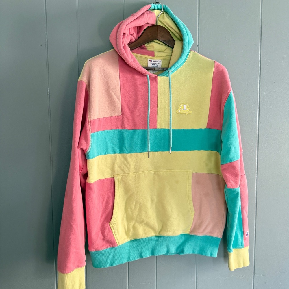 Champion‎ Classic Fleece Hoodie M Pastel Colorblock Patchwork See Description